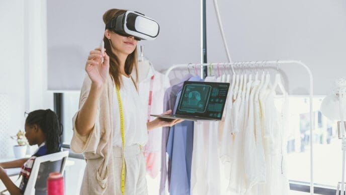 A costume designer uses virtual reality technology to digitally design clothing in a tailor studio.