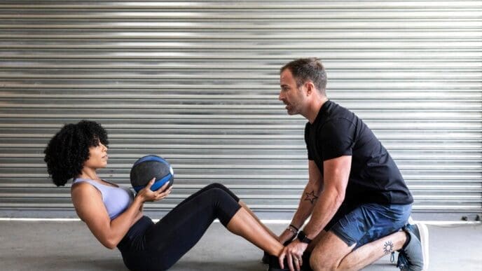 A couple works out together, using a medicine ball to perform an exercise.