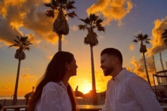 A young couple embraces on a beach at sunrise.