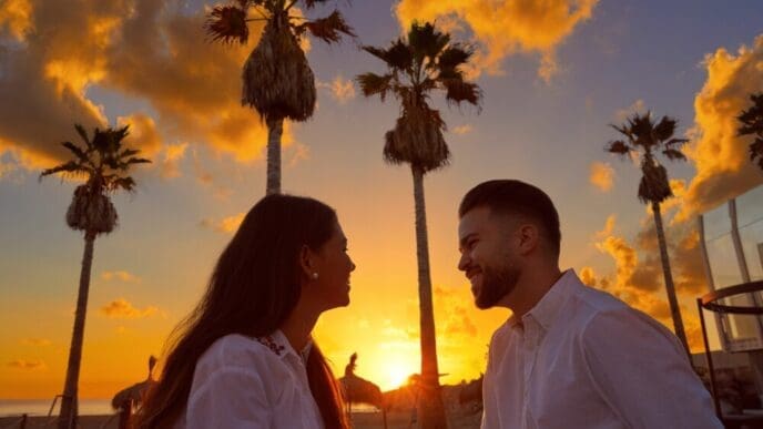 A young couple embraces on a beach at sunrise.