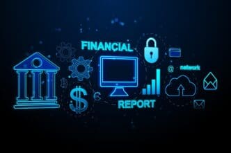 3D rendering of a modern financial banking interface with a creative design displayed on a dark blue background.