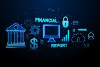 3D rendering of a modern financial banking interface with a creative design displayed on a dark blue background.