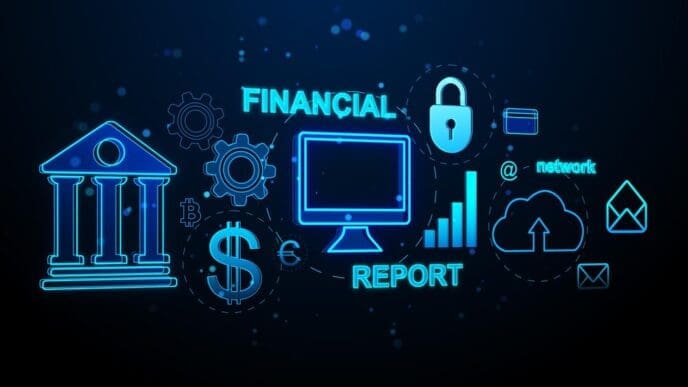 3D rendering of a modern financial banking interface with a creative design displayed on a dark blue background.
