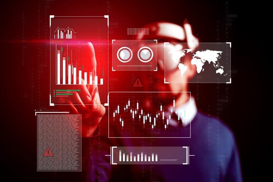 Modern office space showcasing virtual reality interaction with data visualization.