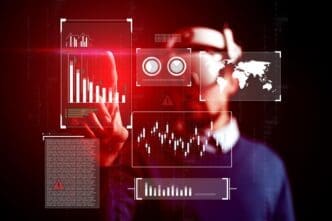 Modern office space showcasing virtual reality interaction with data visualization.