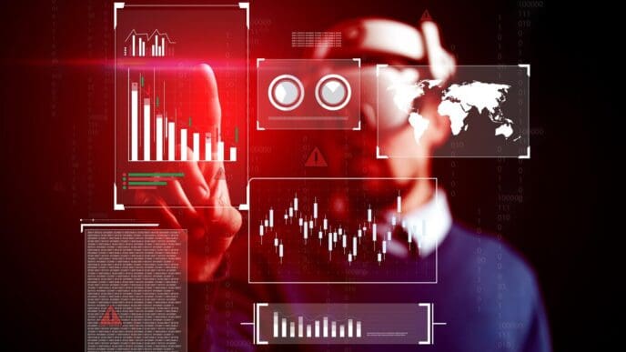 Modern office space showcasing virtual reality interaction with data visualization.