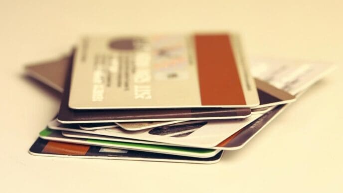 A stack of credit cards of various colors and designs.