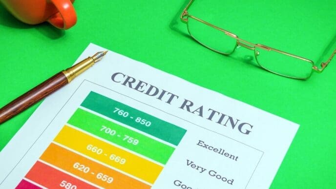 A credit rating form sits on a green desk, accompanied by glasses and a stylish pen.