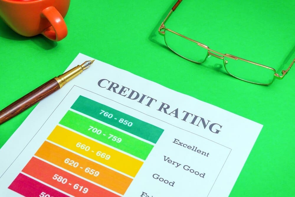 A credit rating form sits on a green desk, accompanied by glasses and a stylish pen.