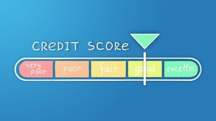 Credit score gauge with the pointer in the "good" range on a blue background.