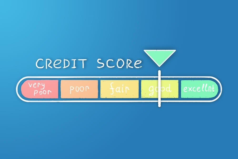 Credit score gauge with the pointer in the "good" range on a blue background.