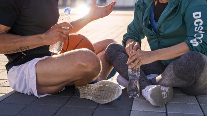 A cropped photo shows a couple in sportswear, resting and drinking water after a basketball workout.