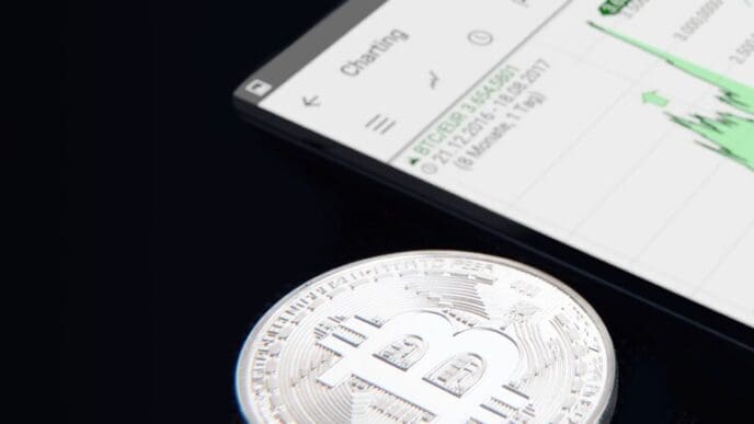 Line graph illustrating the fluctuating value of Bitcoin, depicting its price trends over time.