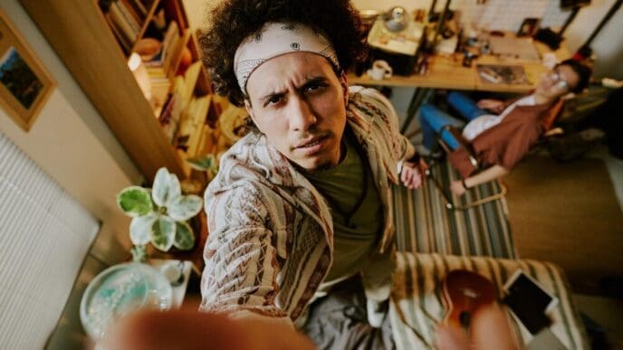 A man with curly hair and a black and white bandana installs a security camera while standing on a bed in a dorm room.