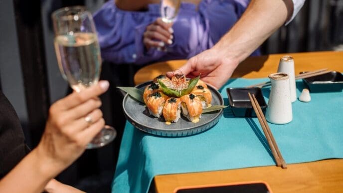 Close-up of a person eating sushi rolls with chopsticks.