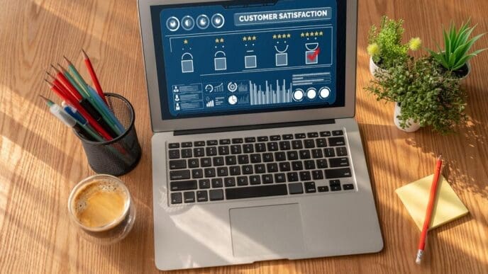 A graph depicts customer satisfaction and evaluation analysis data related to modish software, likely for a computer.