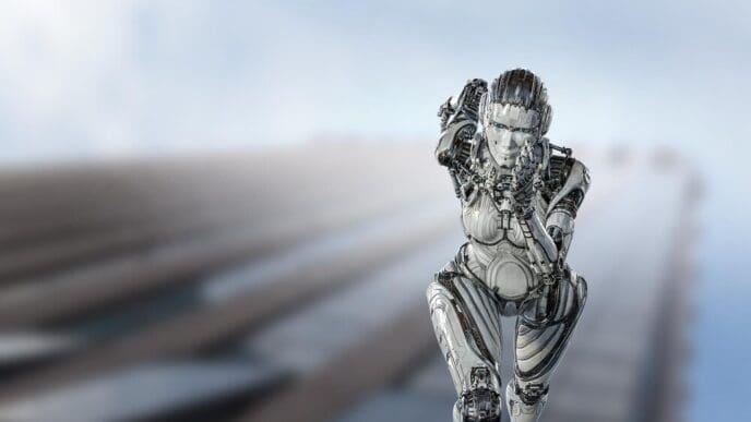 A cyborg woman with a silver body runs at high speed.