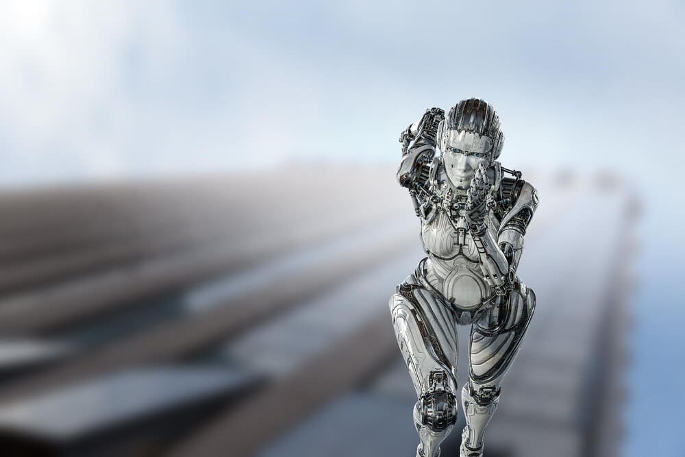 A cyborg woman with a silver body runs at high speed.