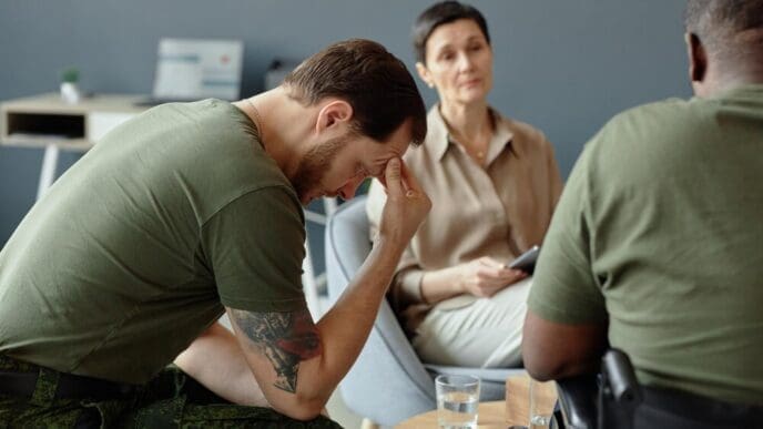 A soldier in uniform sits with their head in their hands, conveying a sense of sadness or despair.