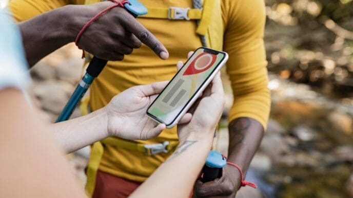 A couple uses a cell phone with a satellite map to navigate while trekking up a mountain.