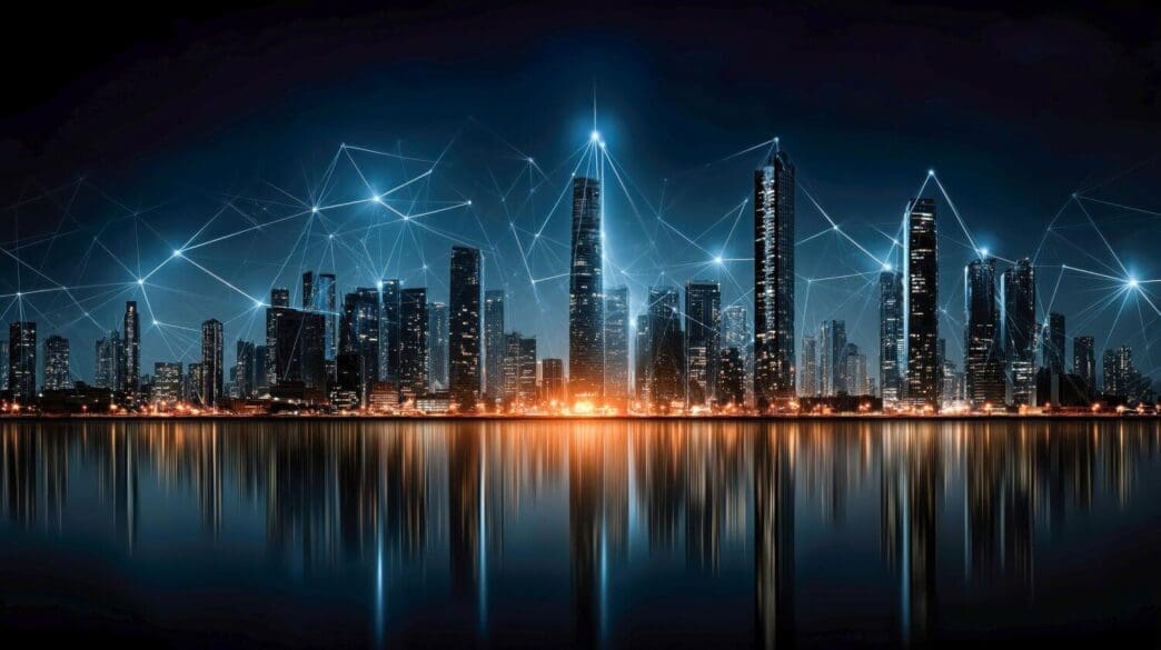 Glowing network lines connect skyscrapers in a futuristic cityscape, symbolizing global financial connectivity and digital banking transactions.