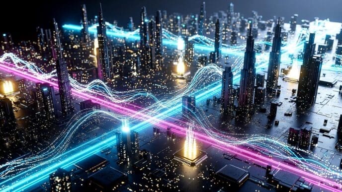 A digital circuit board landscape features glowing neon pathways and flowing particle effects.