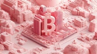 A digital currency symbol floats among light pink building blocks, representing investment and finance in a futuristic cityscape.