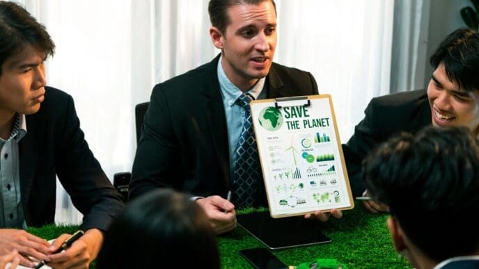 A diverse group of businesspeople collaborates on marketing strategies, emphasizing environmental responsibility and sustainable practices.
