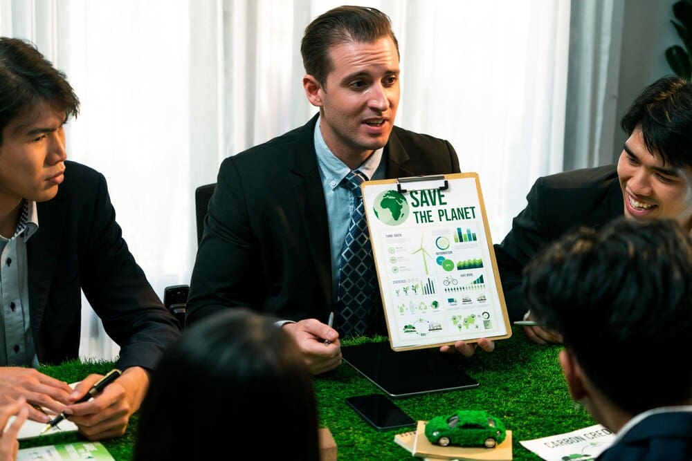 A diverse group of businesspeople collaborates on marketing strategies, emphasizing environmental responsibility and sustainable practices.