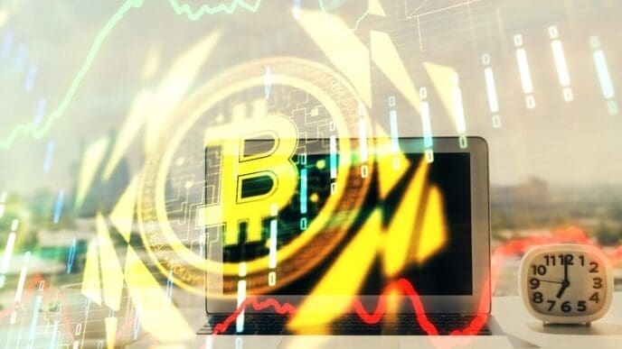 Hologram of blockchain and crypto economy themes superimposed over a table with a computer in the background, representing the concept of Bitcoin cryptocurrency.