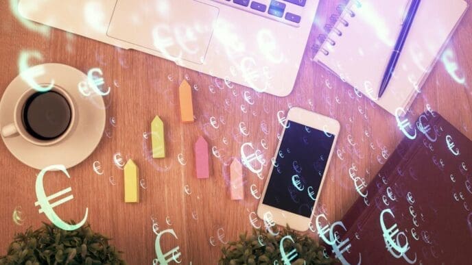 Double exposure showing a financial chart hologram overlaid on a desktop with a phone, representing a mobile trading platform.