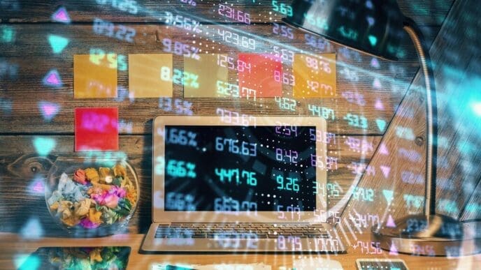 Double exposure shows a forex graph overlaid on a workspace with a computer, representing international online trading.