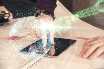 Double exposure of a person's hand holding a digital device, overlaid with data visualizations.