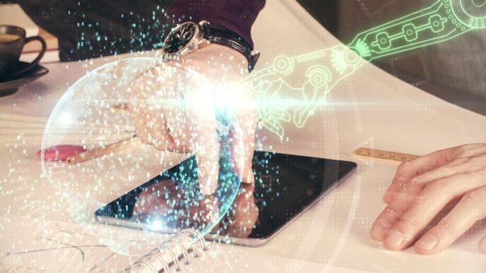 Double exposure of a person's hand holding a digital device, overlaid with data visualizations.