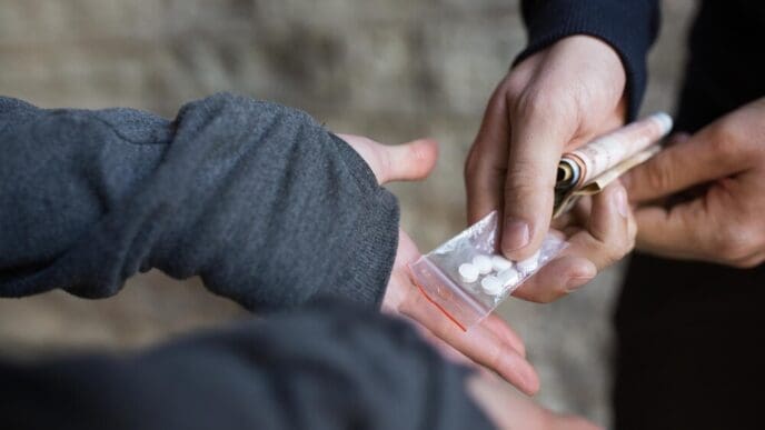 An addict exchanges money with a dealer on a street, representing drug trafficking and addiction.
