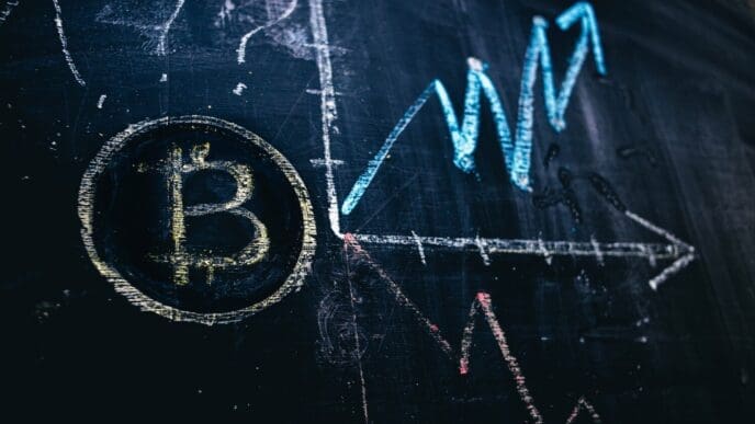 Chalkboard drawing illustrating the fluctuating price of Bitcoin cryptocurrency.