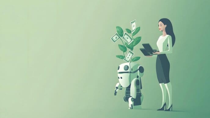 A person stands in a vibrant green landscape, symbolizing growth, while interacting with elements related to finance and knowledge.