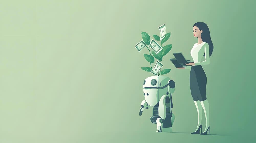 A person stands in a vibrant green landscape, symbolizing growth, while interacting with elements related to finance and knowledge.