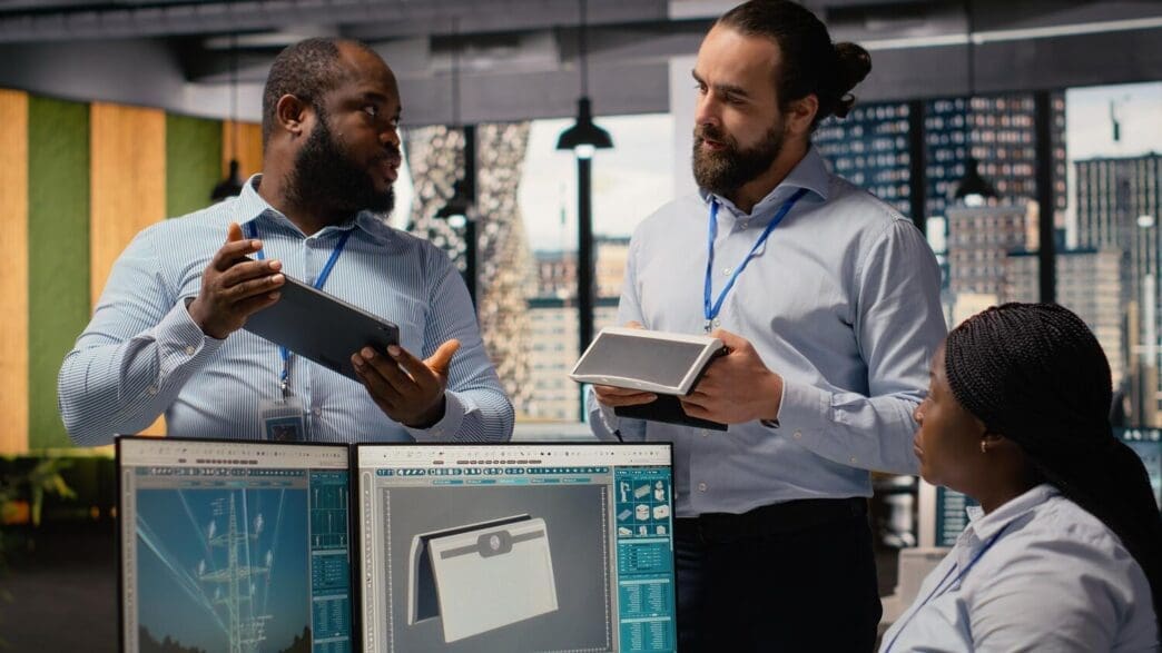 Engineers in an office setting brainstorm ideas for upgrades to a solar-powered device.