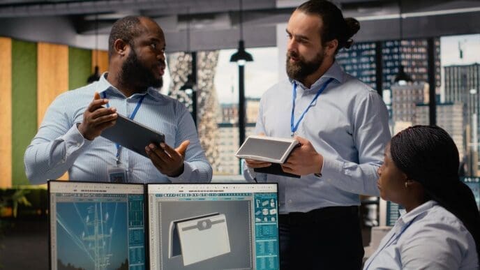 Engineers in an office setting brainstorm ideas for upgrades to a solar-powered device.