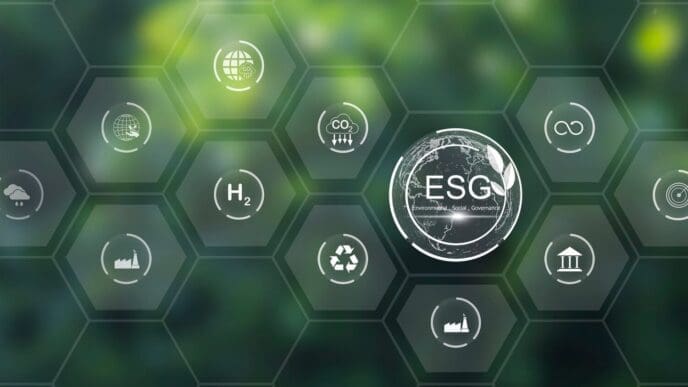 A colorful infographic displays icons and text representing environmental, social, and governance (ESG) concepts and goals for sustainable business management.
