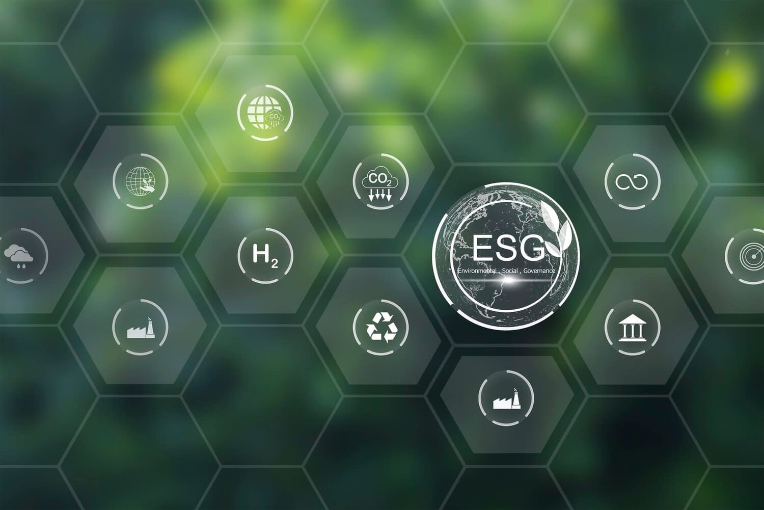 A colorful infographic displays icons and text representing environmental, social, and governance (ESG) concepts and goals for sustainable business management.