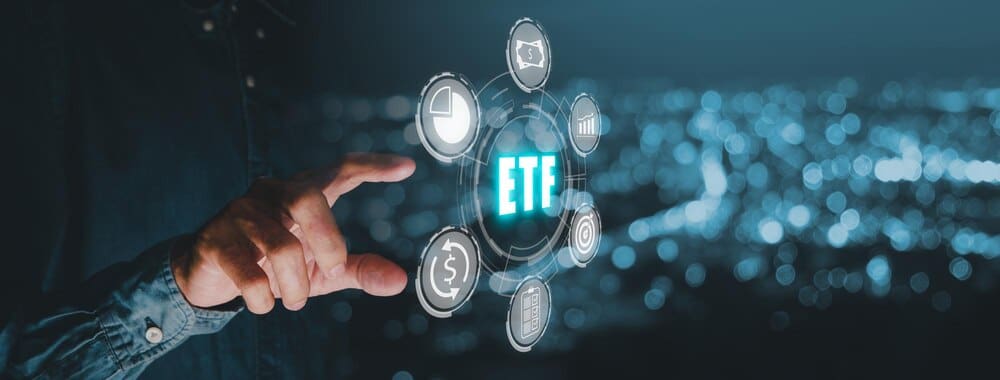A hand touches a virtual reality screen displaying icons representing an ETF (Exchange Traded Fund), symbolizing stock market trading and financial investment.