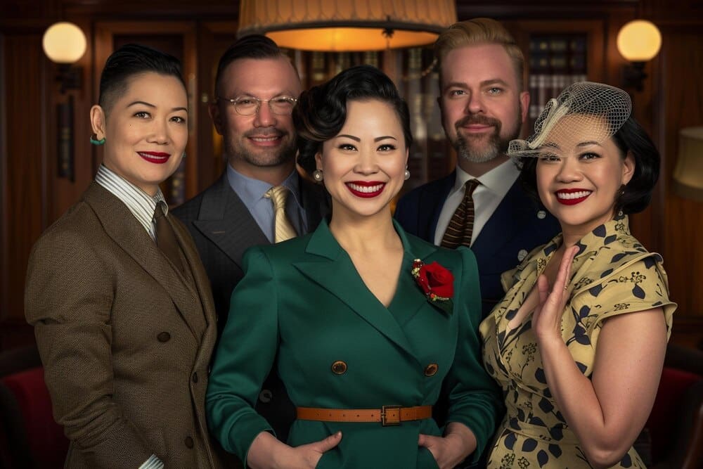 A group of diverse business professionals stand together, smiling, in an office setting.