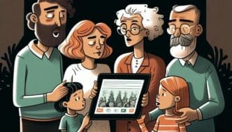 A family looks at a tablet displaying a photo of a family.