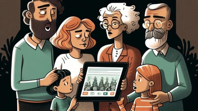 A family looks at a tablet displaying a photo of a family.