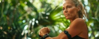 Female athlete in workout clothes checks her smartwatch while exercising outdoors in a tropical environment.