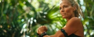 Female athlete in workout clothes checks her smartwatch while exercising outdoors in a tropical environment.