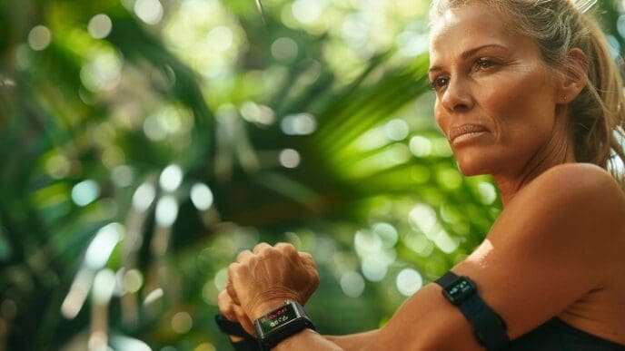 Female athlete in workout clothes checks her smartwatch while exercising outdoors in a tropical environment.