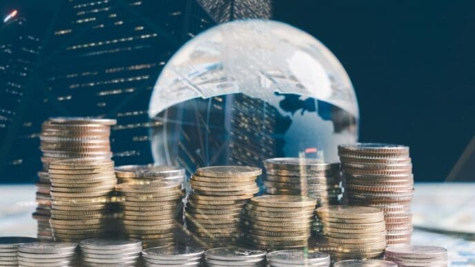 Double exposure of a financial chart and rows of coins, representing investment and business growth.